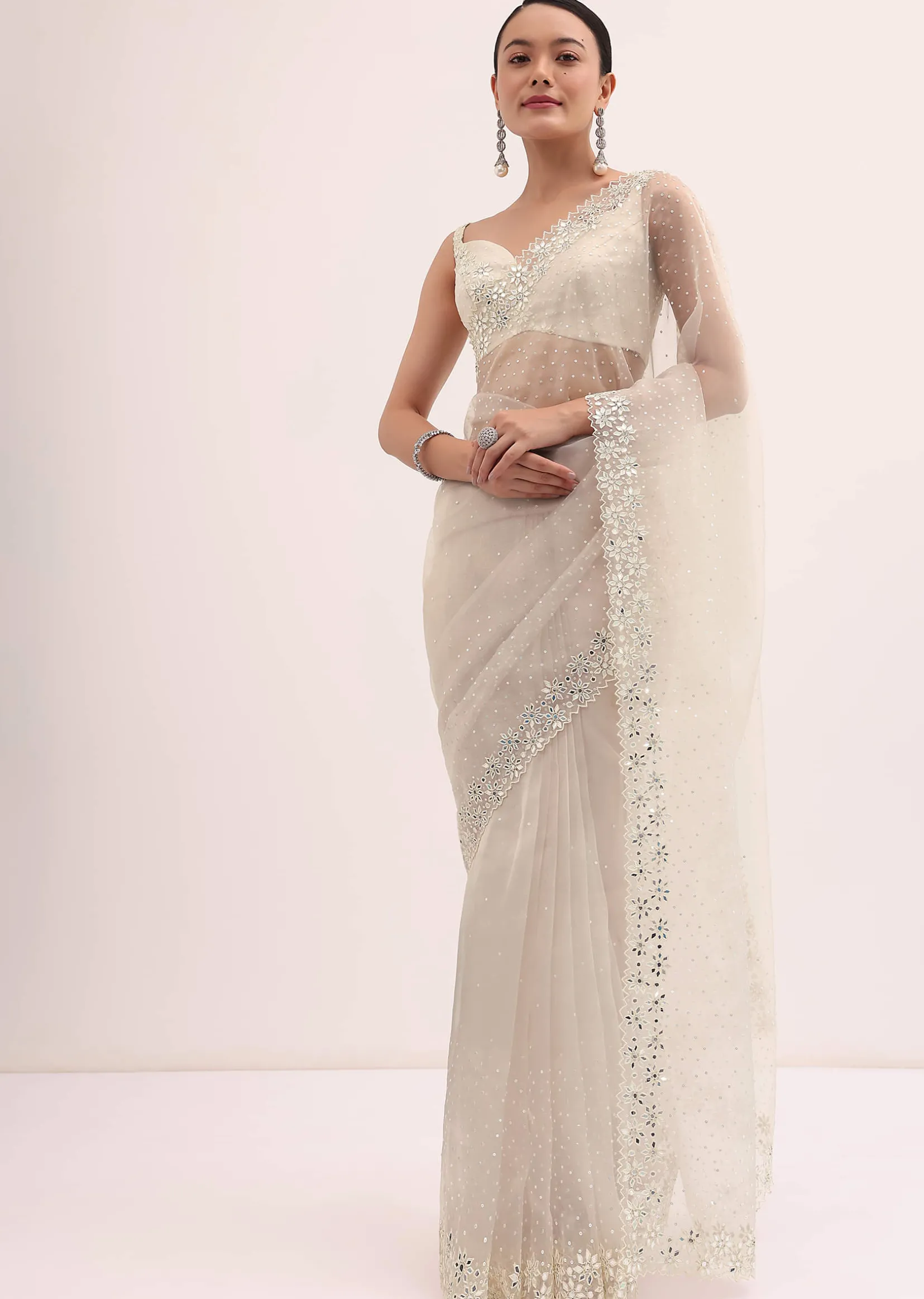 Off White Organza Saree In Sequins With Unstitched Blouse