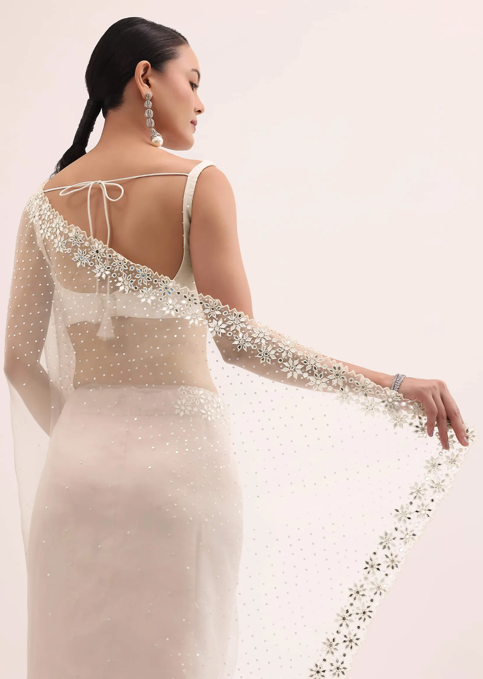 Off White Organza Saree In Sequins With Unstitched Blouse