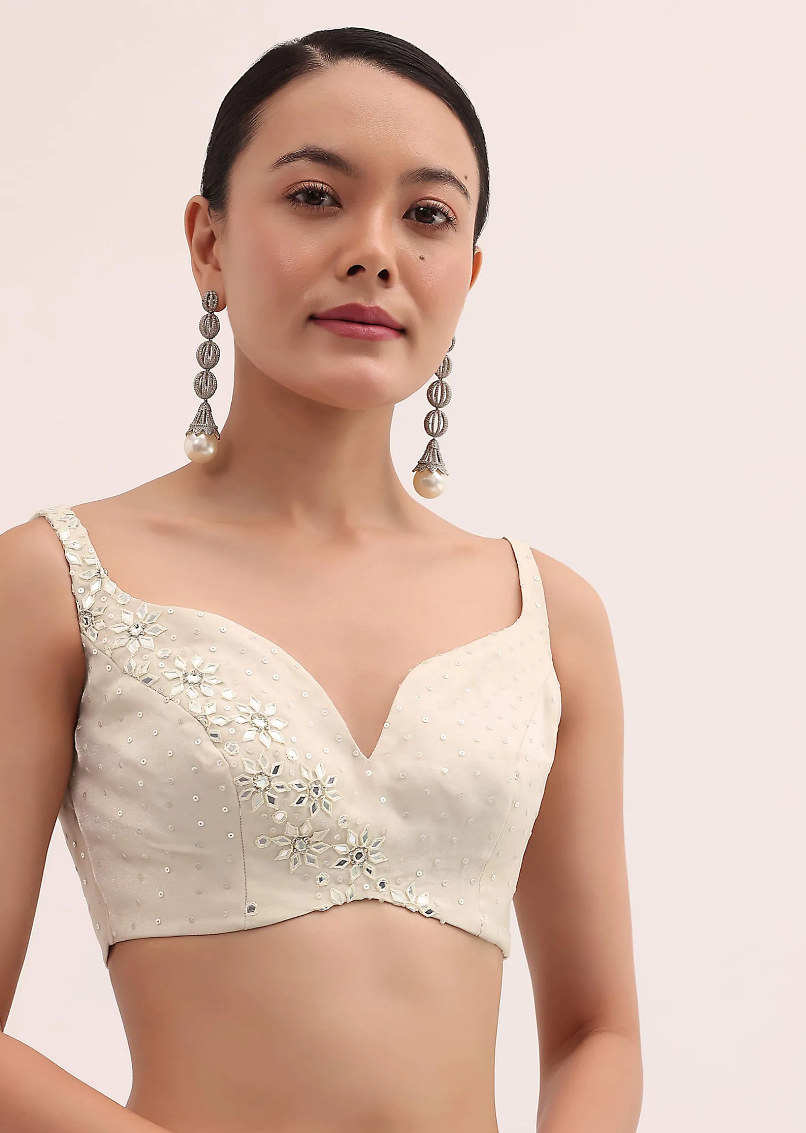 Off White Organza Saree In Sequins With Unstitched Blouse