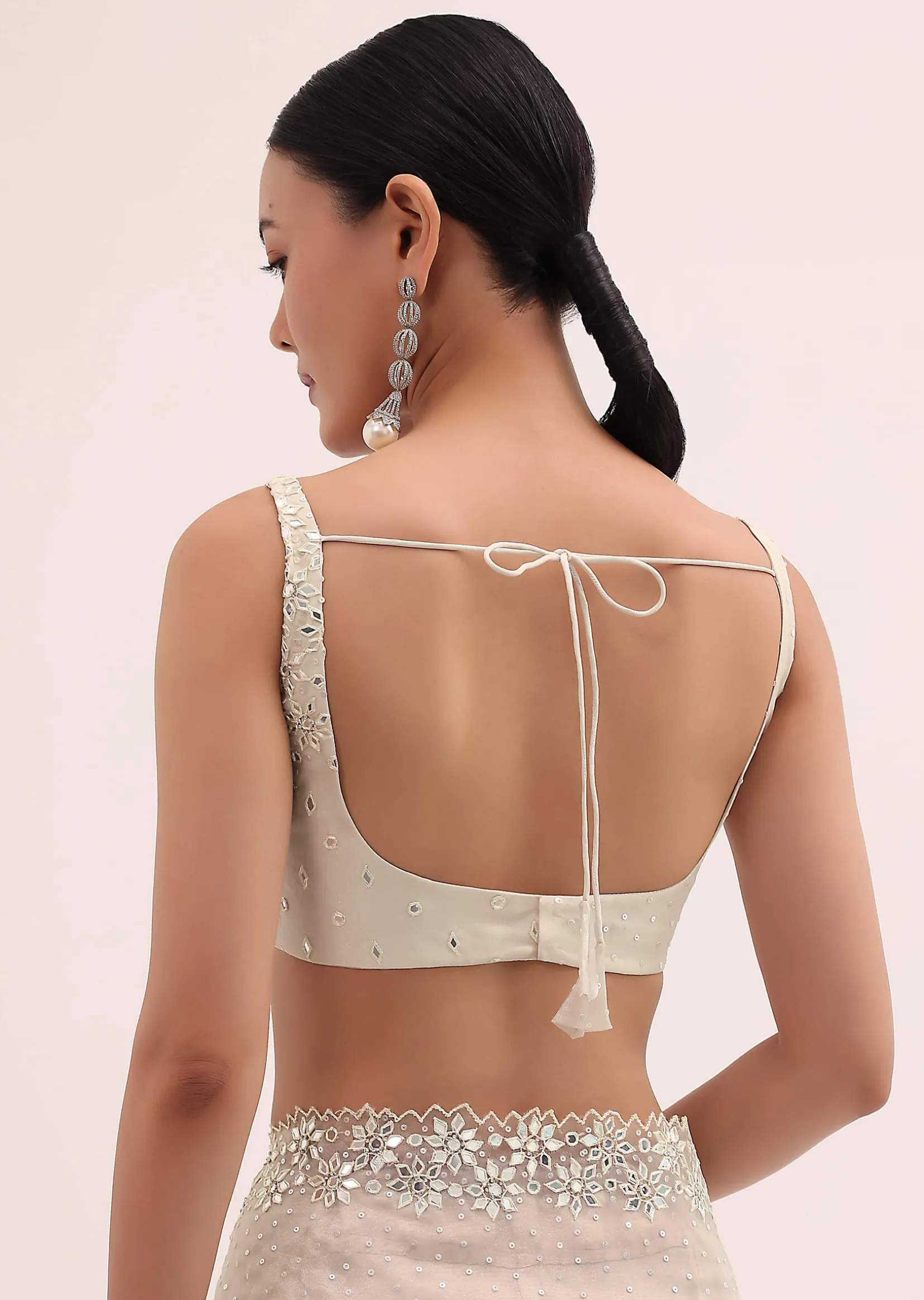 Off White Organza Saree In Sequins With Unstitched Blouse