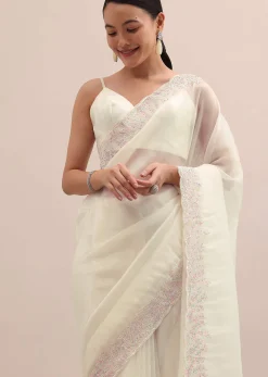 Off White Organza Saree In Thread Work With Unstitched Blouse