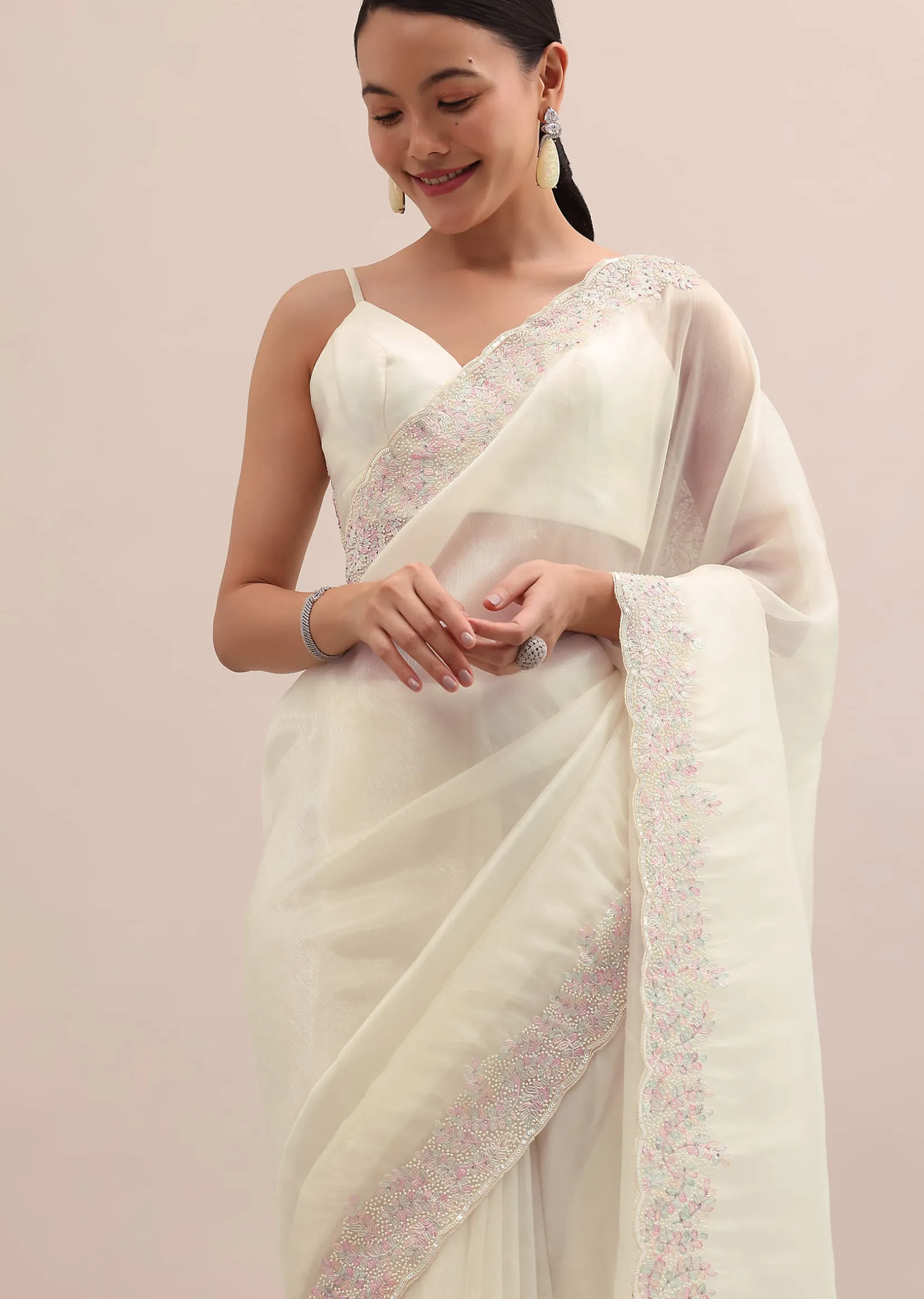 Off White Organza Saree In Thread Work With Unstitched Blouse