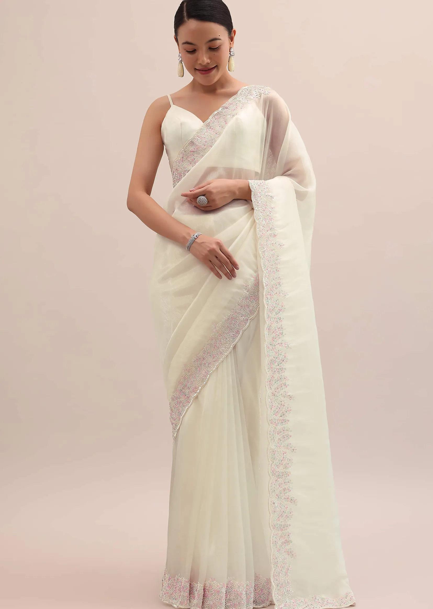 Off White Organza Saree In Thread Work With Unstitched Blouse