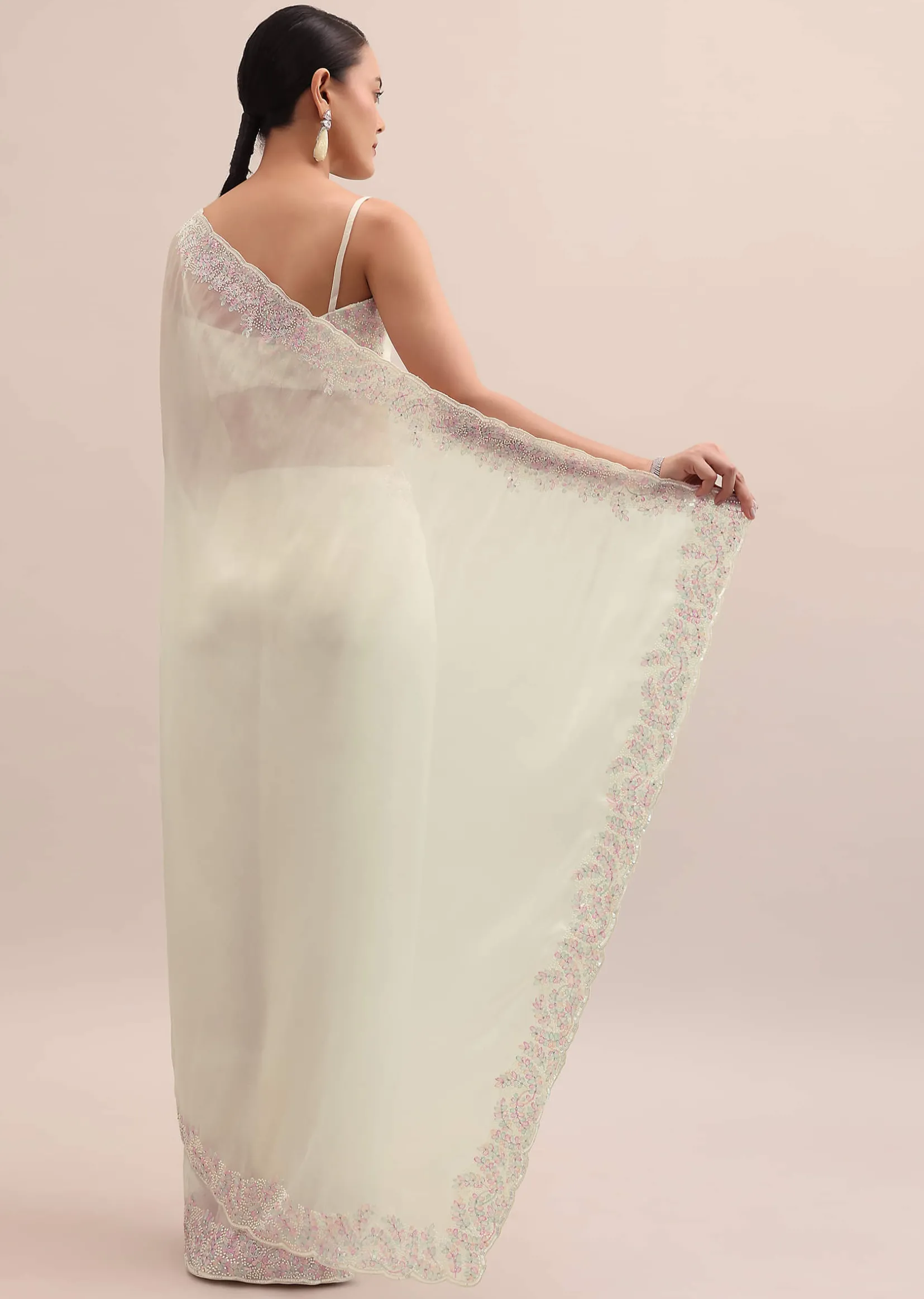 Off White Organza Saree In Thread Work With Unstitched Blouse