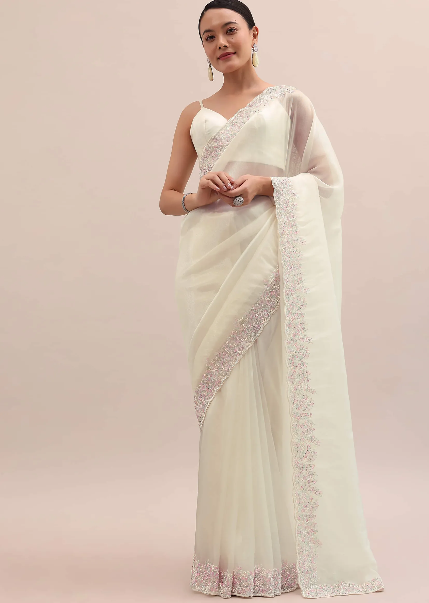 Off White Organza Saree In Thread Work With Unstitched Blouse