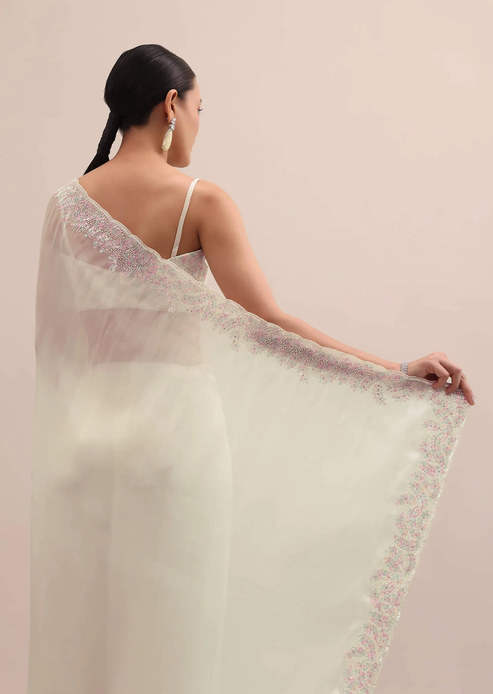 Off White Organza Saree In Thread Work With Unstitched Blouse