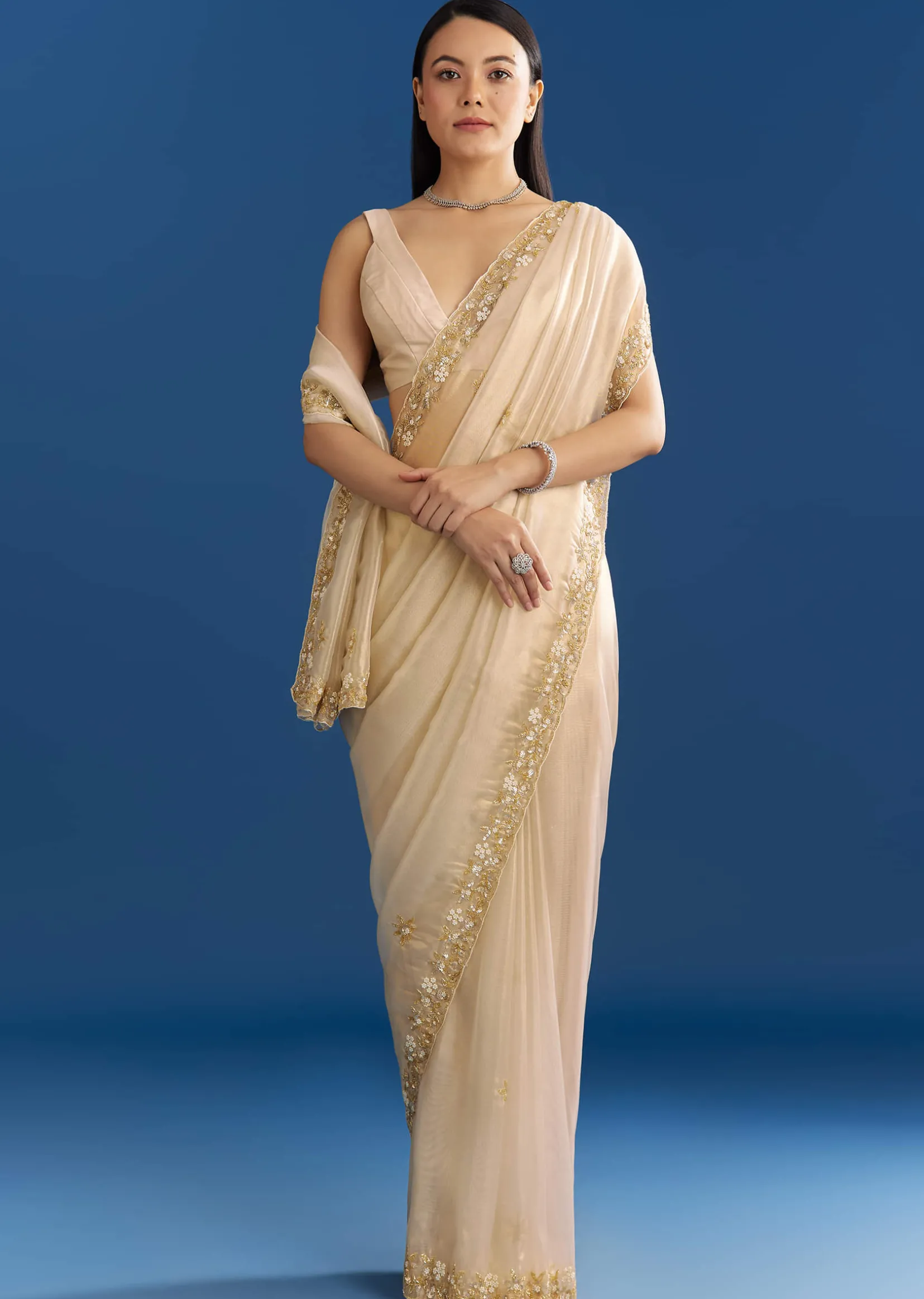 Off White Organza Tissue Saree With Beaded Scallop Border