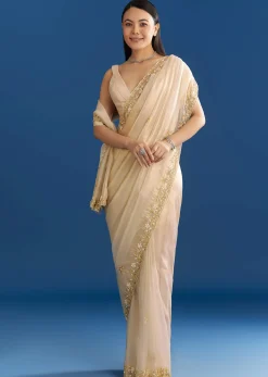 Off White Organza Tissue Saree With Beaded Scallop Border
