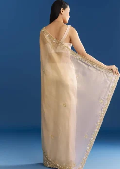 Off White Organza Tissue Saree With Beaded Scallop Border