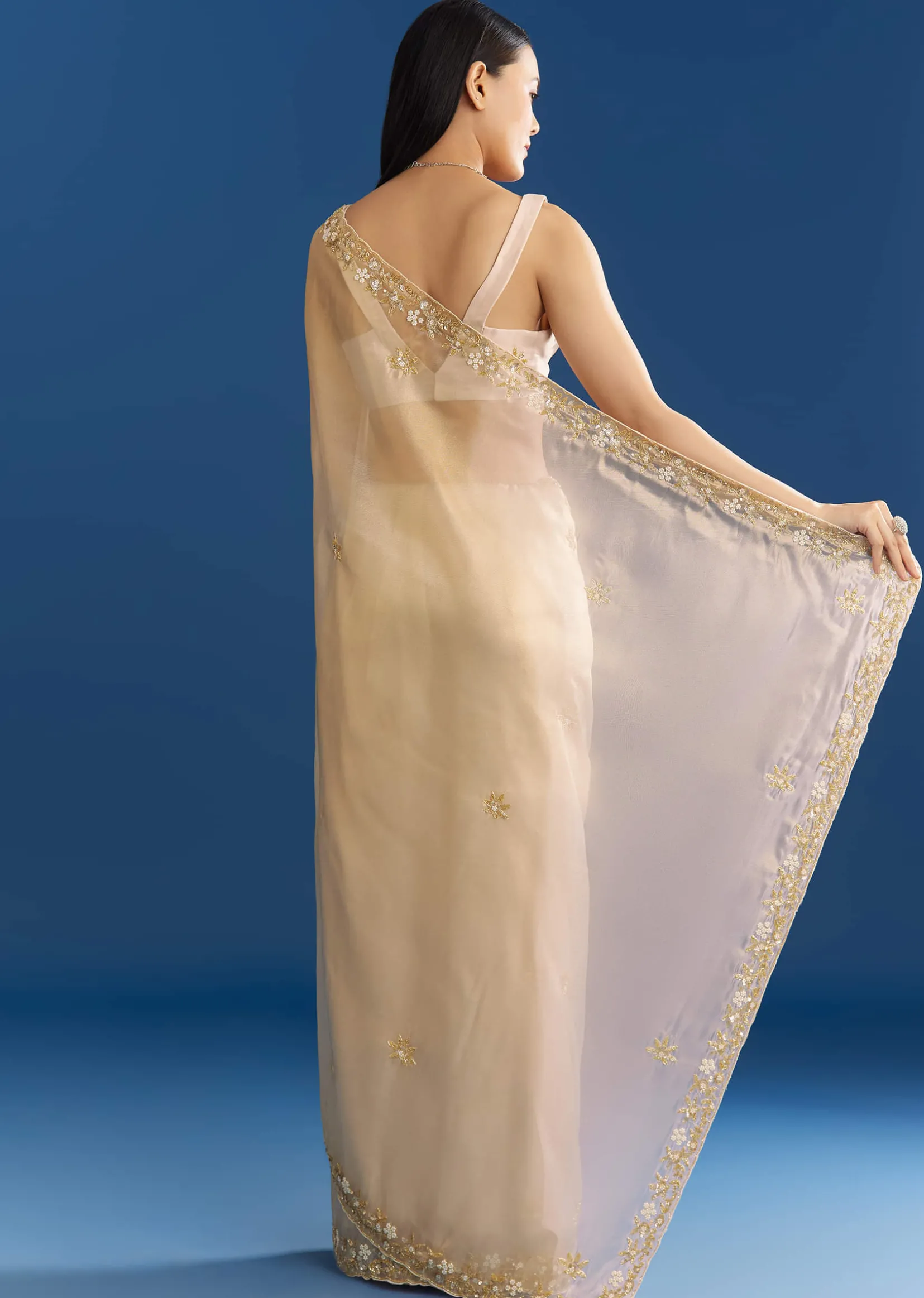 Off White Organza Tissue Saree With Beaded Scallop Border