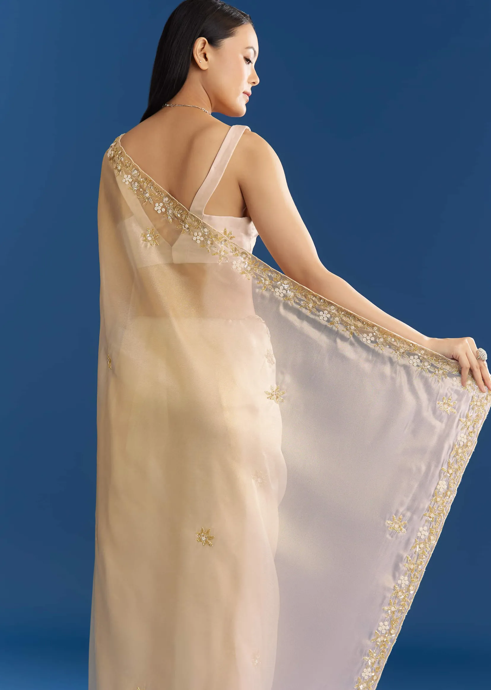 Off White Organza Tissue Saree With Beaded Scallop Border