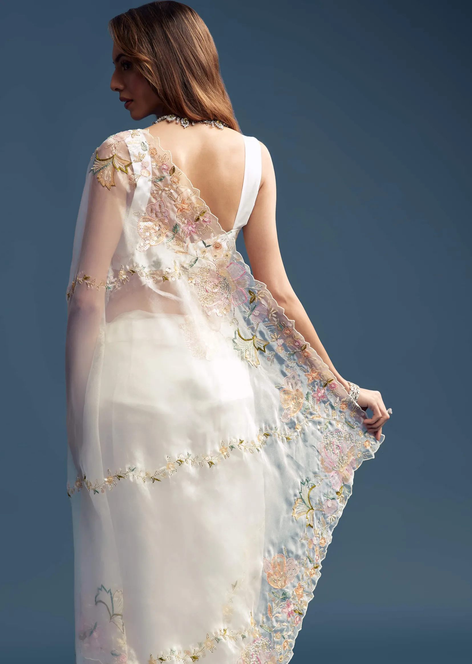 Off White Paper Tissue Saree With Floral Embroidery