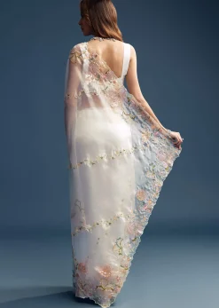 Off White Paper Tissue Saree With Floral Embroidery