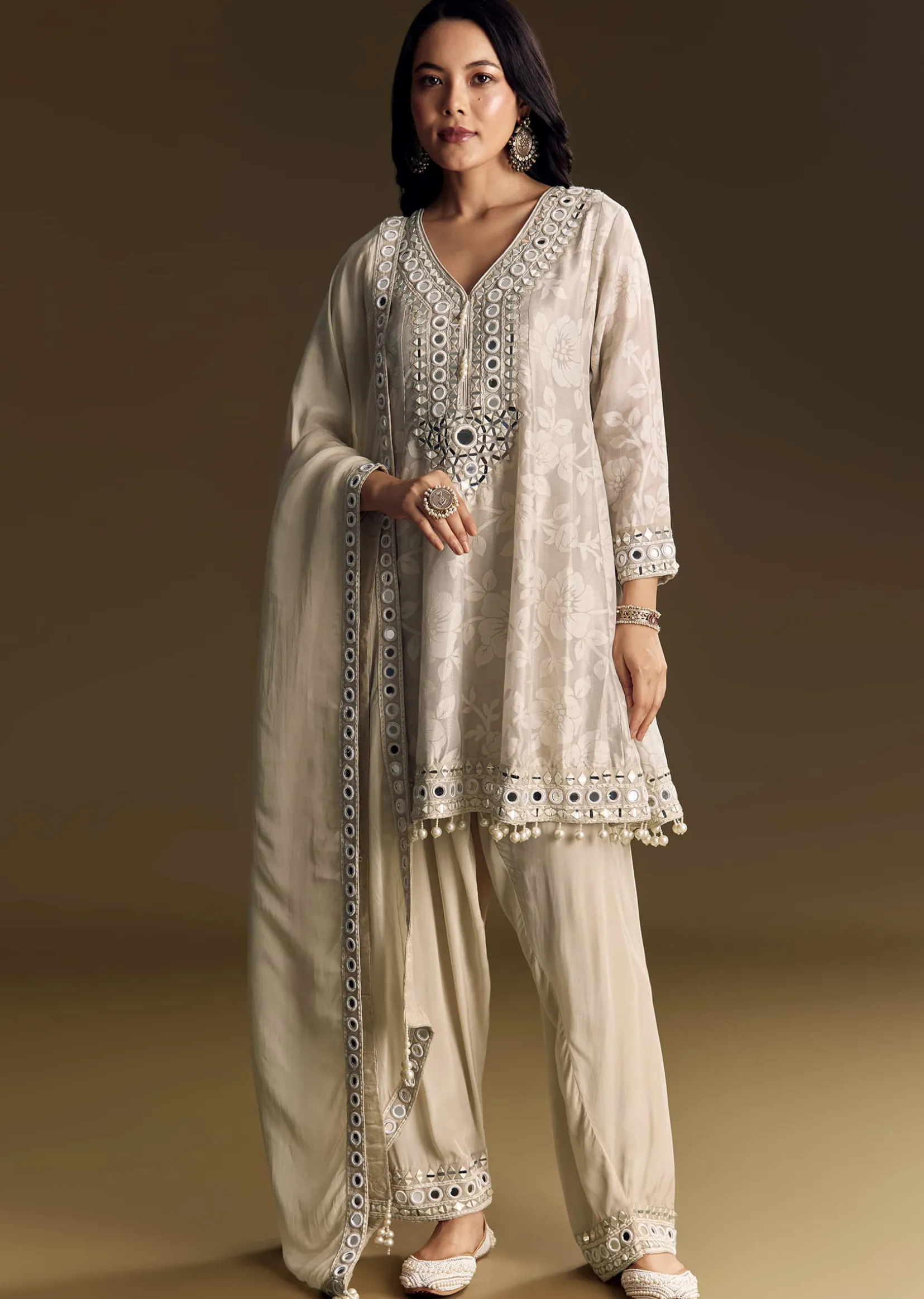 Off White Patiala Suit With Mirror Work Kurta Dupatta