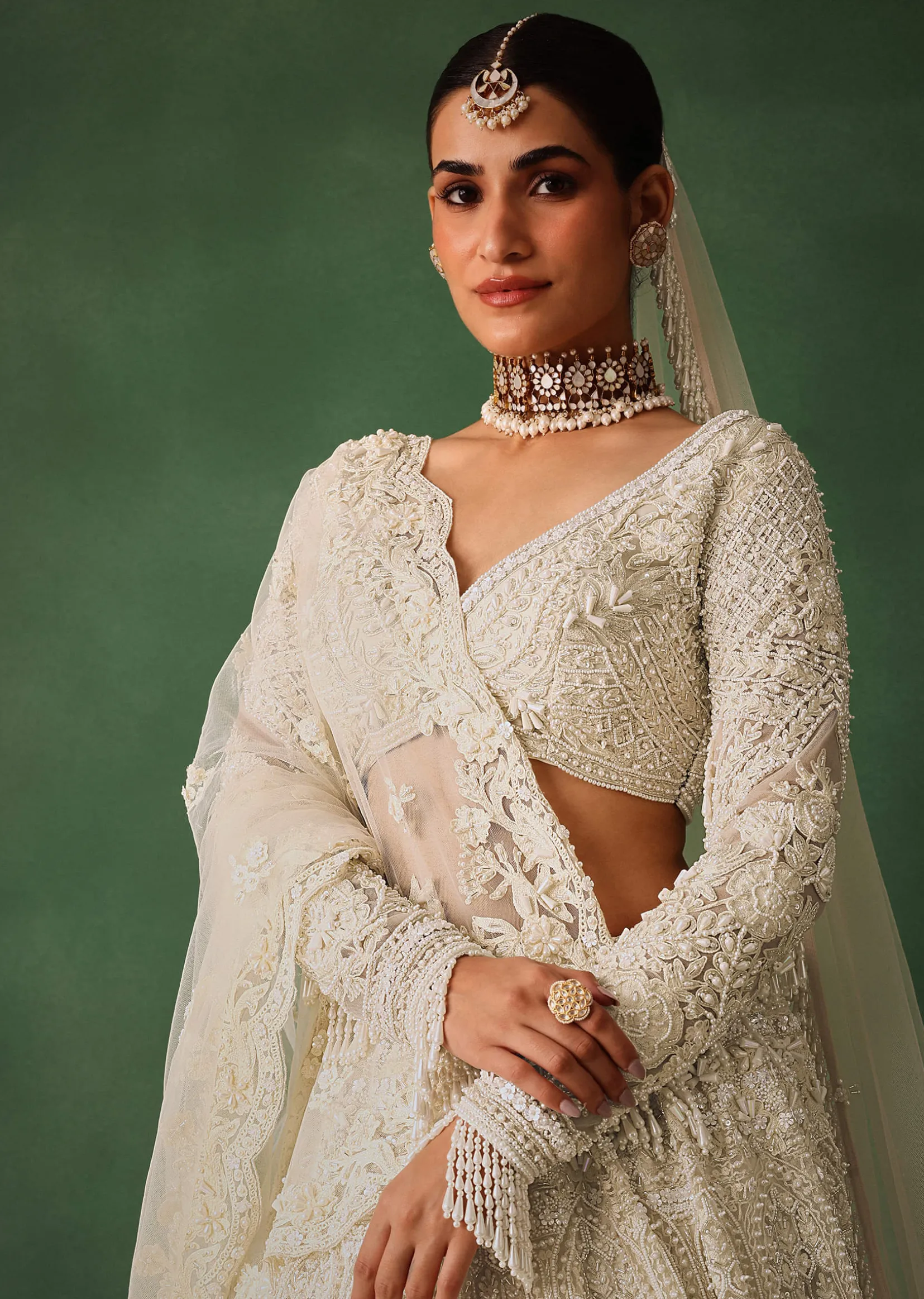 Off White Pearl Embroidered Lehenga Set With Dupatta