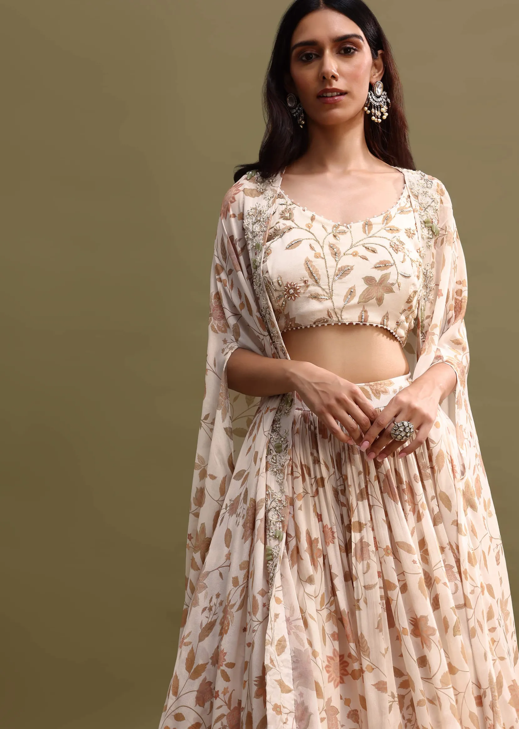Off White Printed Chiffon Lehenga Choli Set