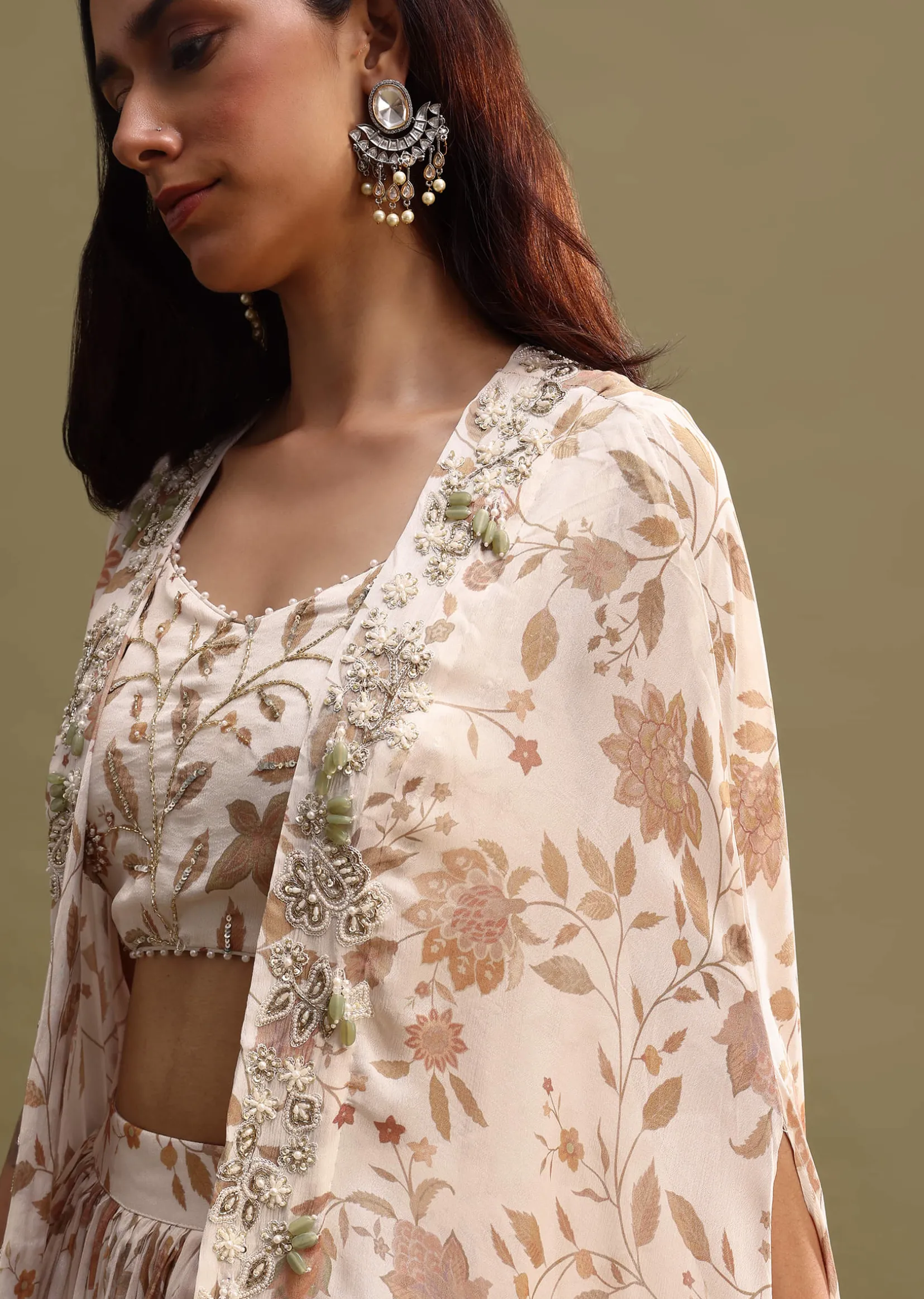Off White Printed Chiffon Lehenga Choli Set