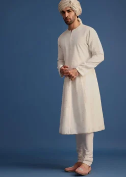 Off White Raw Silk Embroidered Sherwani Suit