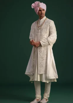 Off White Raw Silk Hand Embroidered Sherwani Dupatta Set