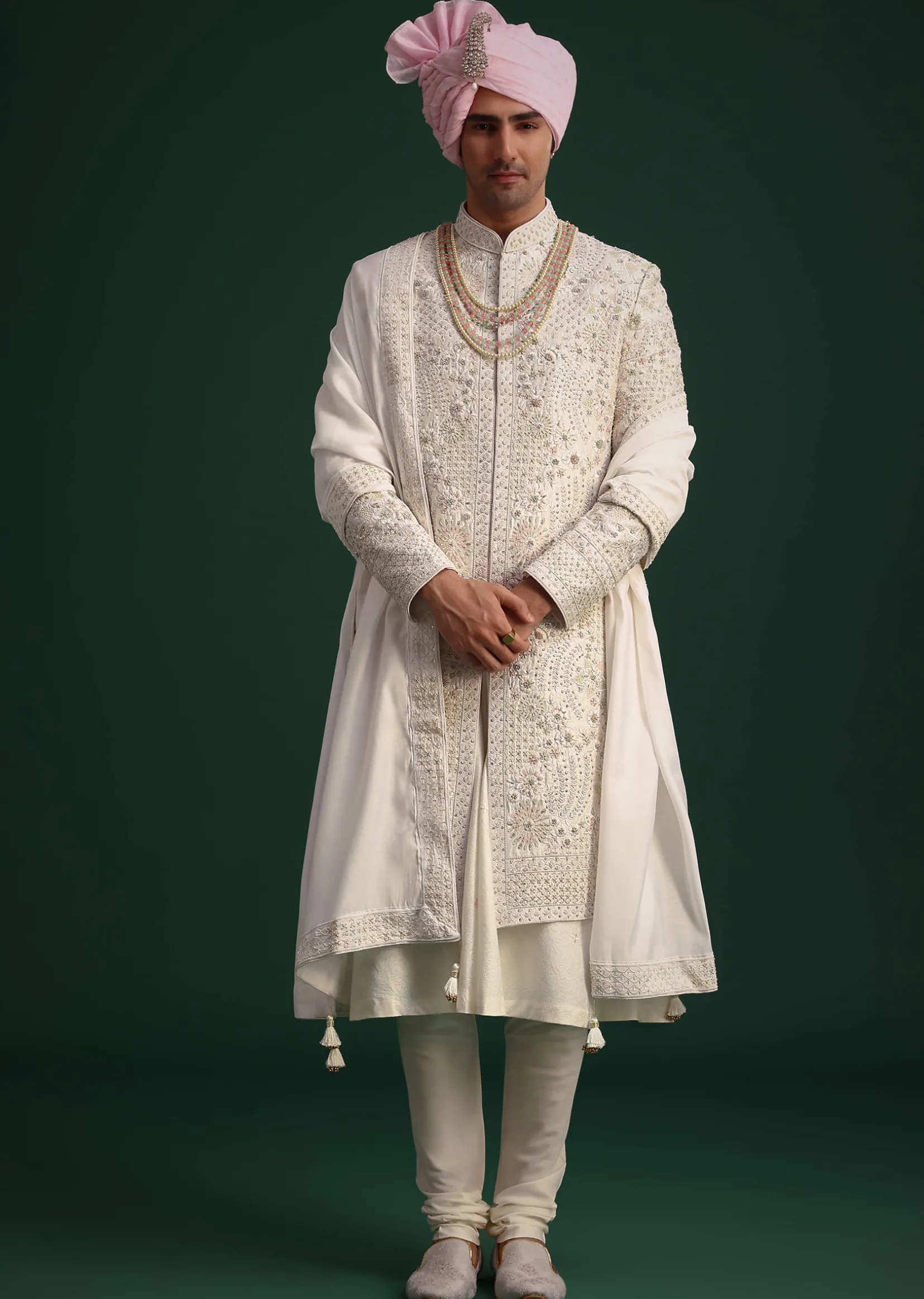 Off White Raw Silk Hand Embroidered Sherwani Dupatta Set