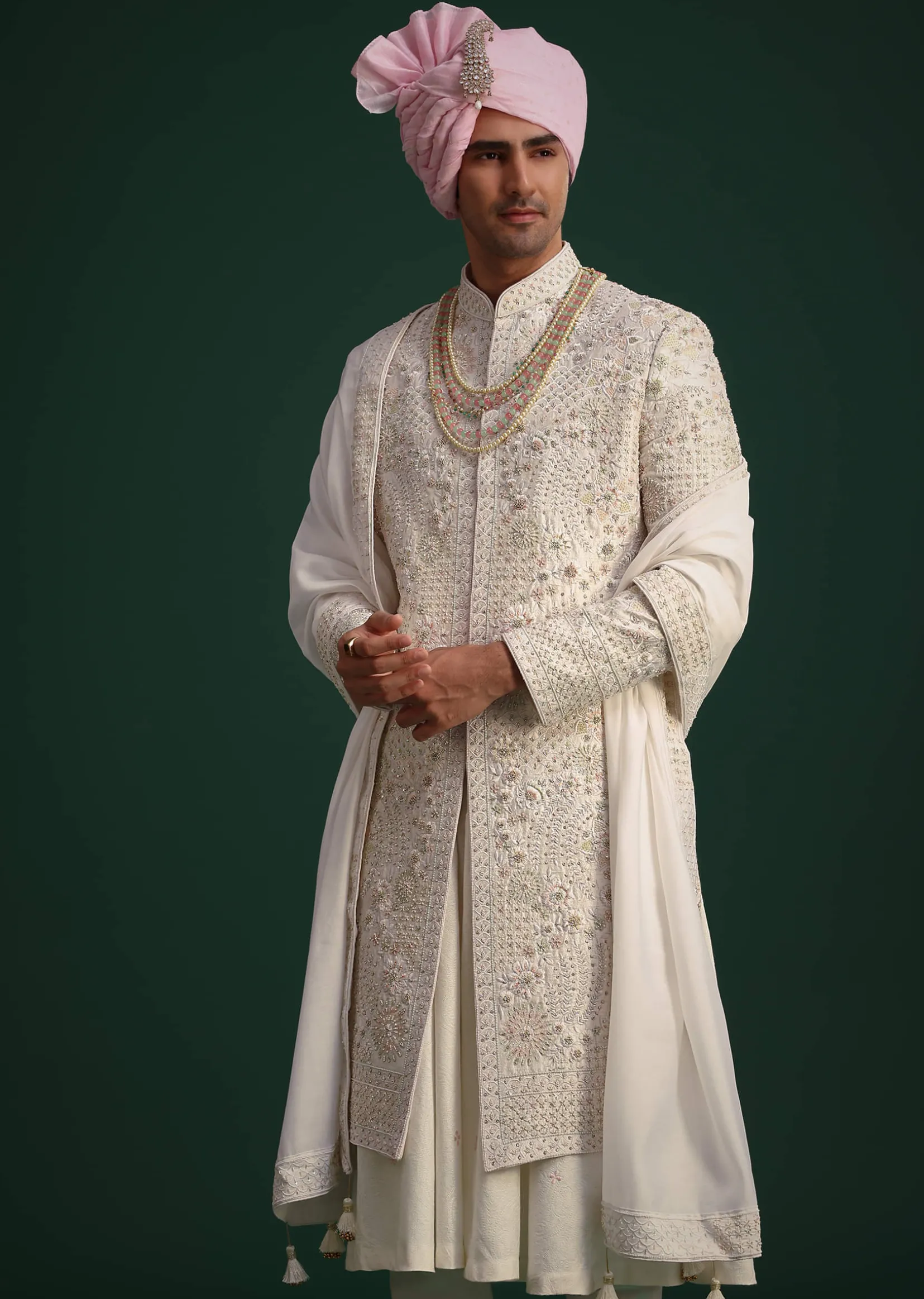 Off White Raw Silk Hand Embroidered Sherwani Dupatta Set