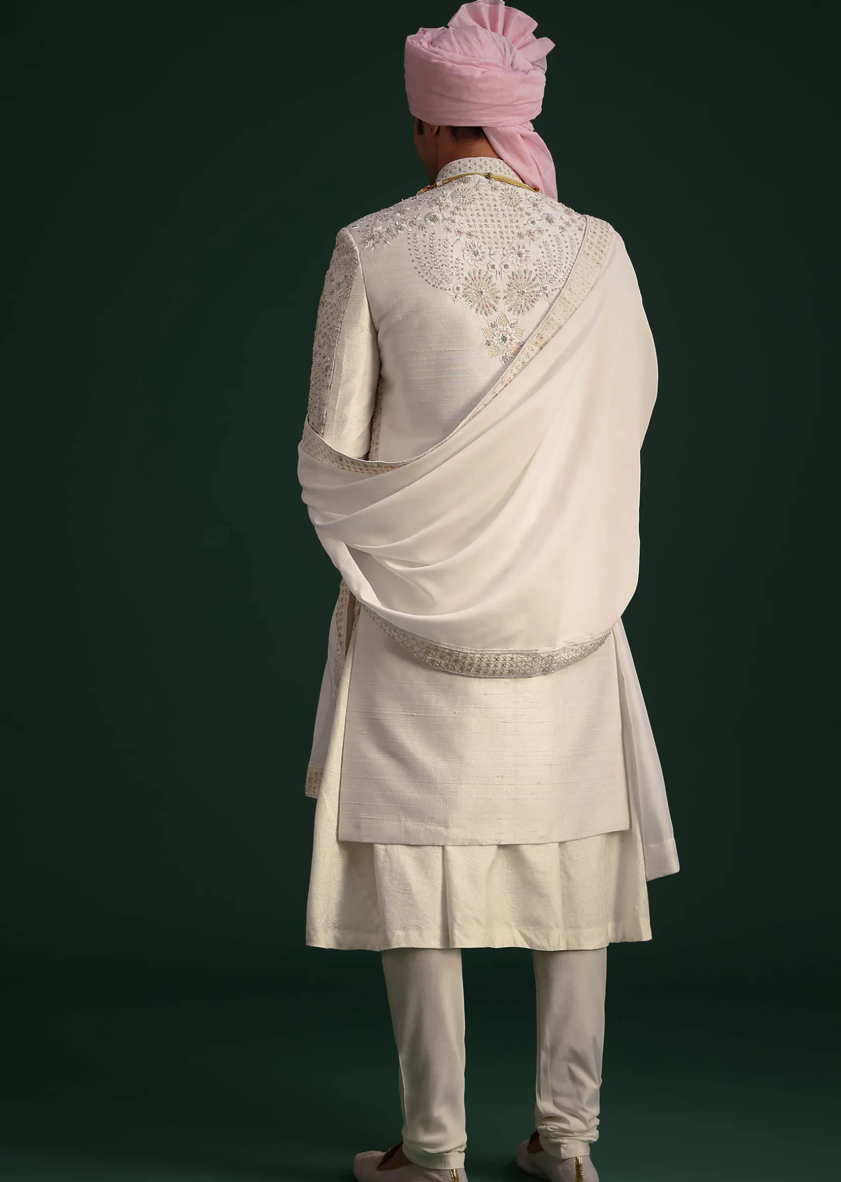 Off White Raw Silk Hand Embroidered Sherwani Dupatta Set