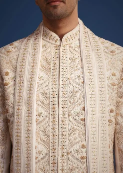Off White Raw Silk Sherwani Set With Hand Work