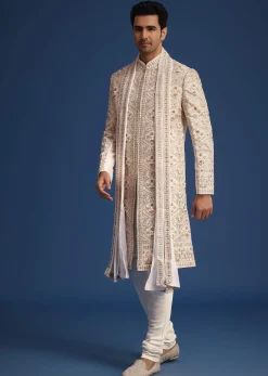 Off White Raw Silk Sherwani Set With Hand Work