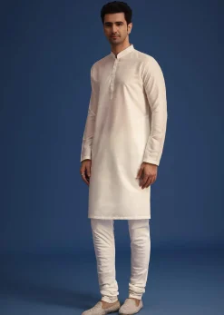 Off White Raw Silk Sherwani Set With Hand Work