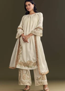 Off White Russian Silk Kurta Dupatta Set With Applique Zari Work
