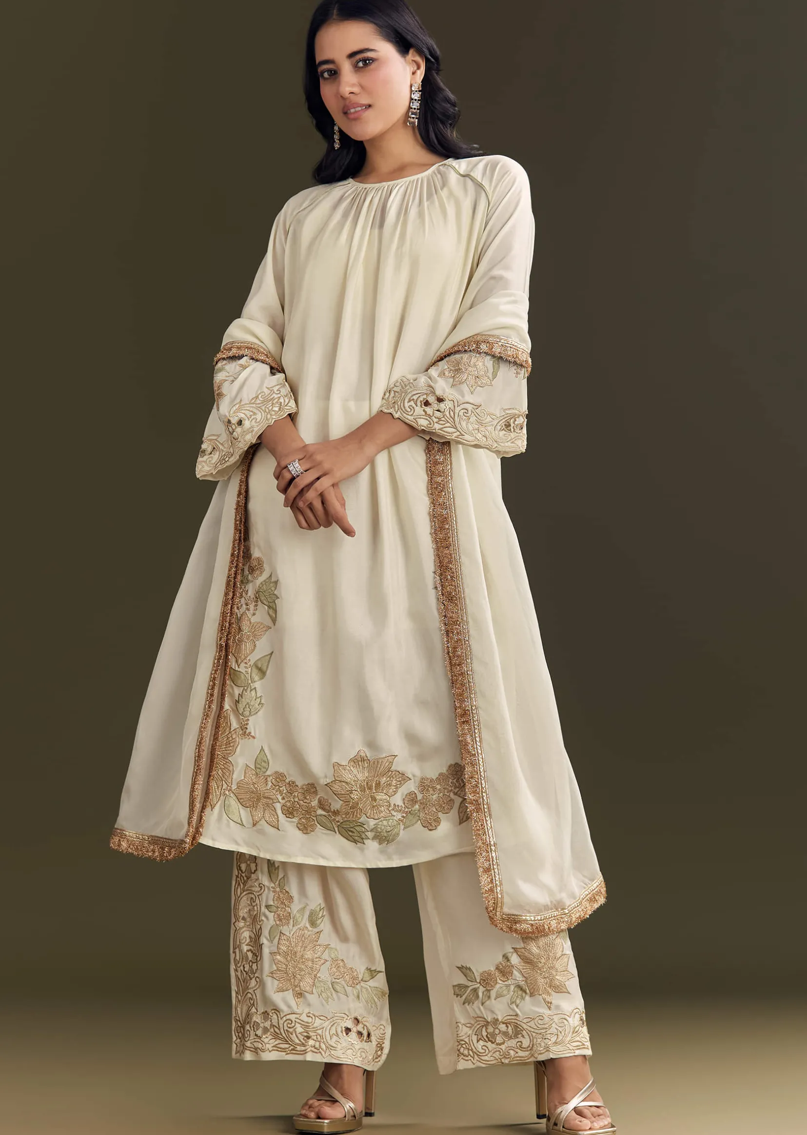 Off White Russian Silk Kurta Dupatta Set With Applique Zari Work