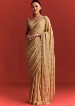 Off White Saree In Chinnon With Cutdana Work