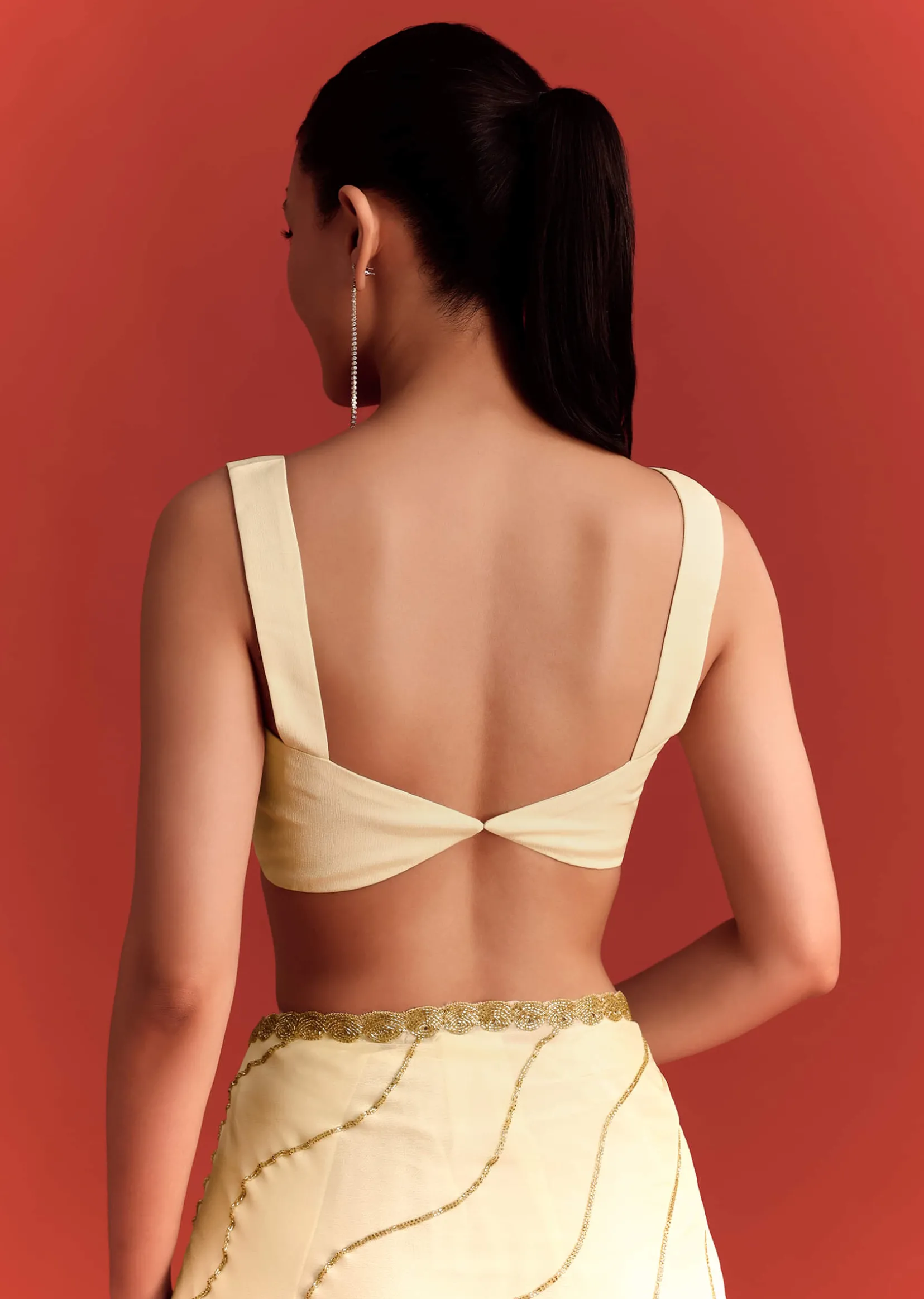 Off White Saree In Chinnon With Cutdana Embroidery