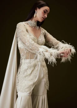 Off White Sequence Embroidered Sharara Set With Feather Sleeves Jacket And Bustier