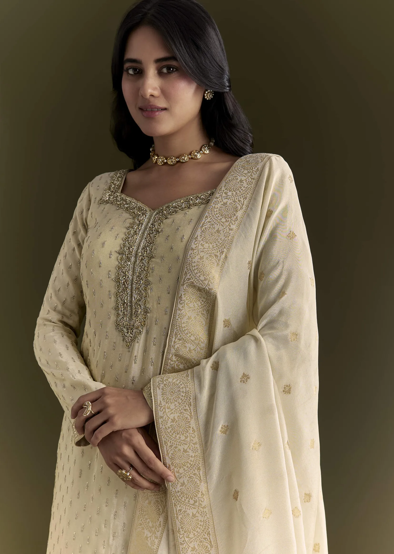 Off White Sequin Zardosi Kurta With Zari Badla Work Border Dupatta