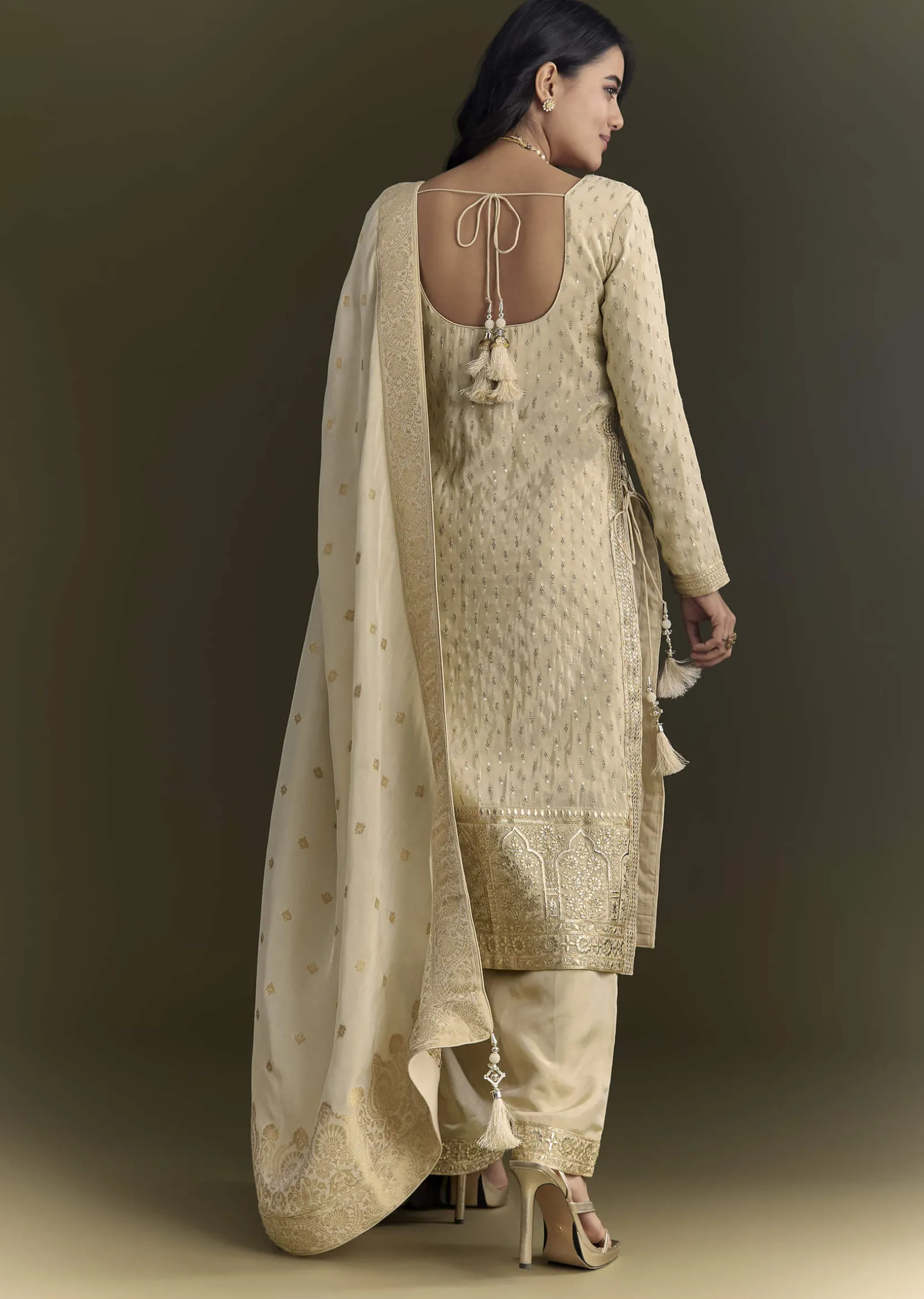 Off White Sequin Zardosi Kurta With Zari Badla Work Border Dupatta