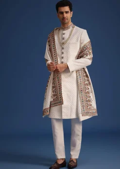Off White Silk Embroidered Sherwani Set With Dupatta