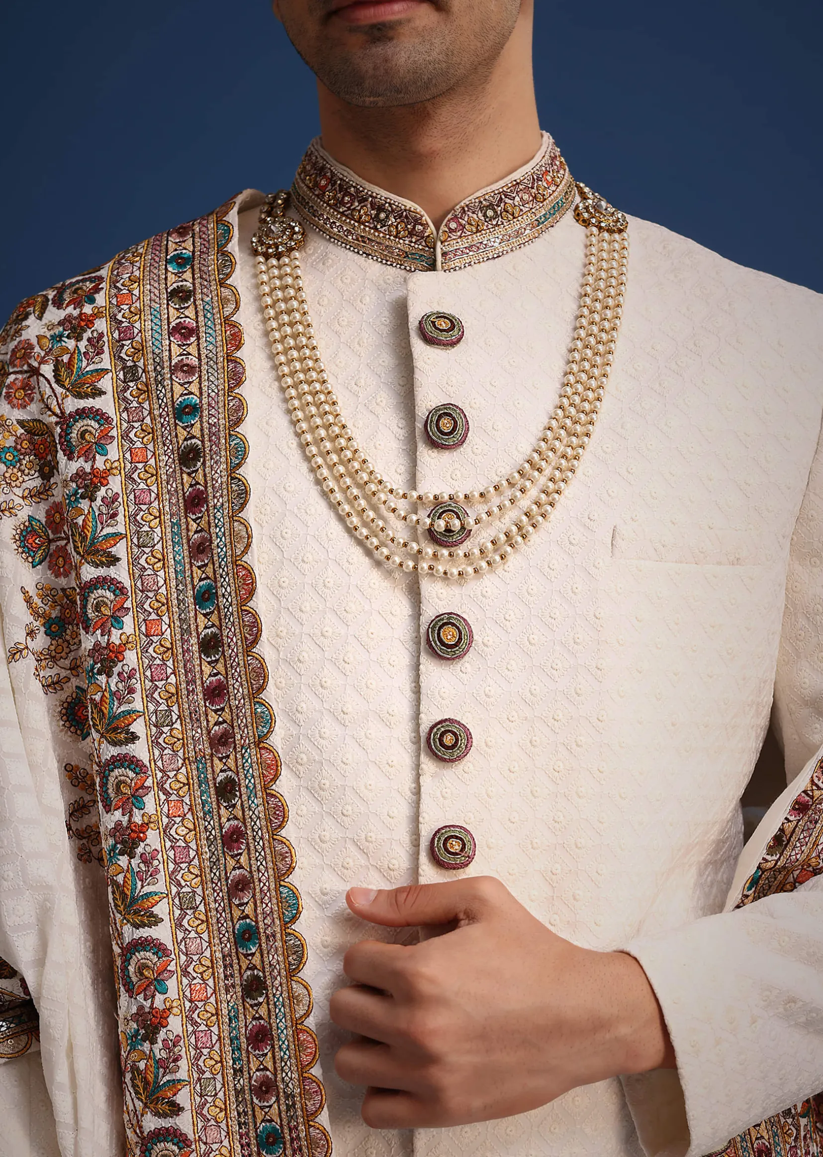Off White Silk Embroidered Sherwani Set With Dupatta