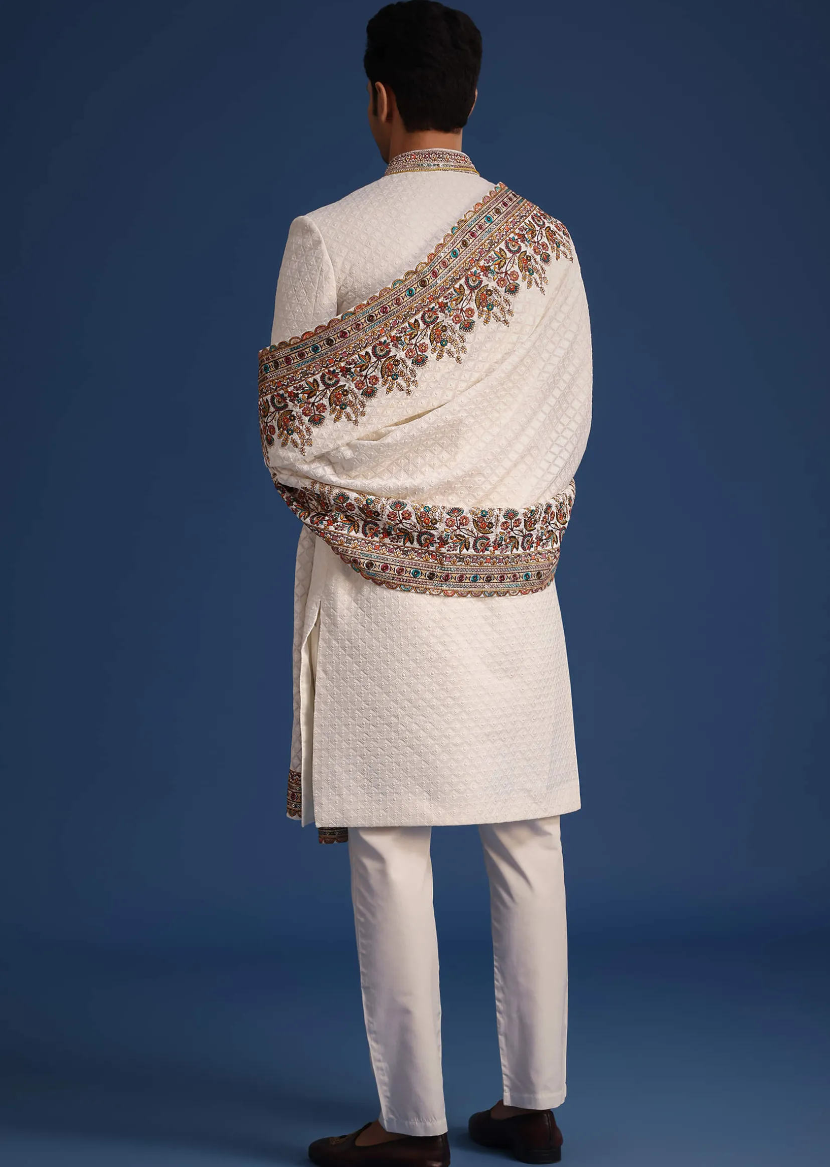 Off White Silk Embroidered Sherwani Set With Dupatta