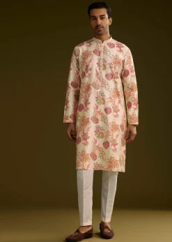 Off White Silk Kurta Set With Warm Coloured Nature Motifs