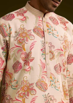 Off White Silk Kurta Set With Warm Coloured Nature Motifs