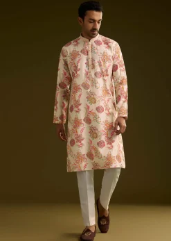 Off White Silk Kurta Set With Warm Coloured Nature Motifs