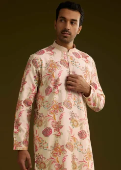 Off White Silk Kurta Set With Warm Coloured Nature Motifs