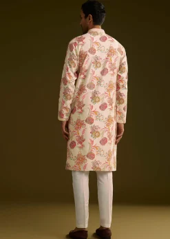 Off White Silk Kurta Set With Warm Coloured Nature Motifs