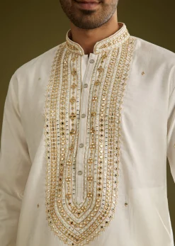Off White Silk Kurta Set With Mirror Thread Embroidered Yoke