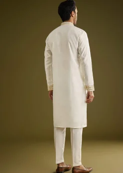Off White Silk Kurta Set With Mirror Thread Embroidered Yoke