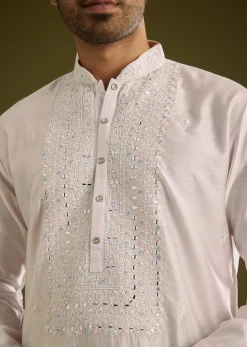 Off White Silk Kurta Set With Thread And Mirror Work
