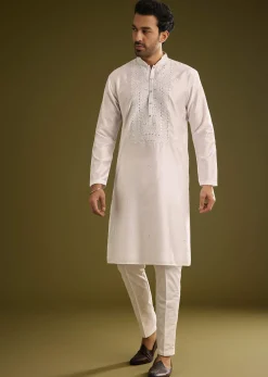 Off White Silk Kurta Set With Thread And Mirror Work