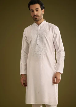 Off White Silk Kurta Set With Thread And Mirror Work