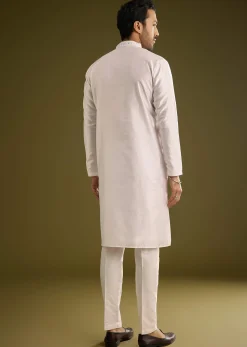 Off White Silk Kurta Set With Thread And Mirror Work